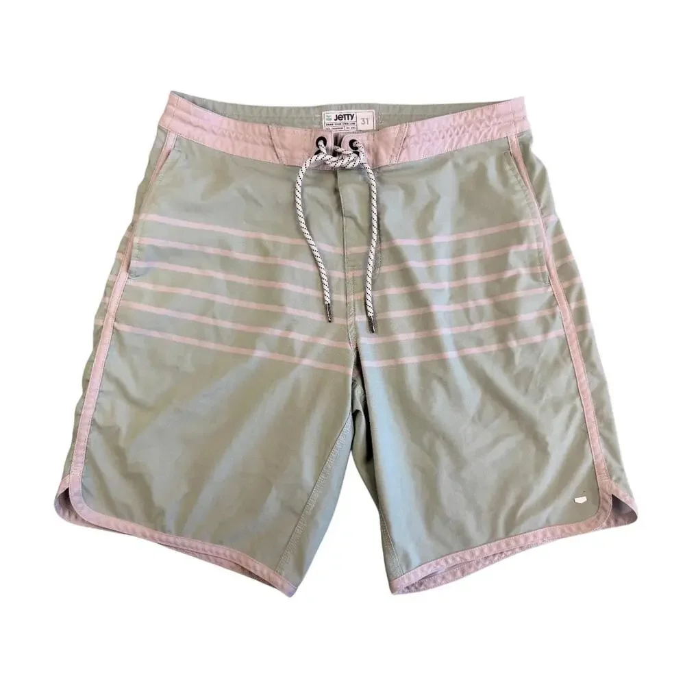 Jetty Men's Board Shorts • Size 31 • Sage Green & Pink Stripe • Surf Swim Trunks